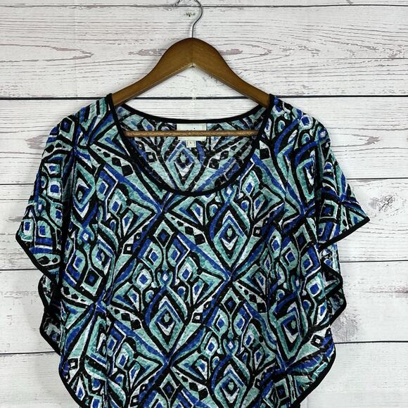 ECI New York Blouse Womens Large Blue Flutter Sleeve Costal Flowy Capsule - Picture 3 of 13